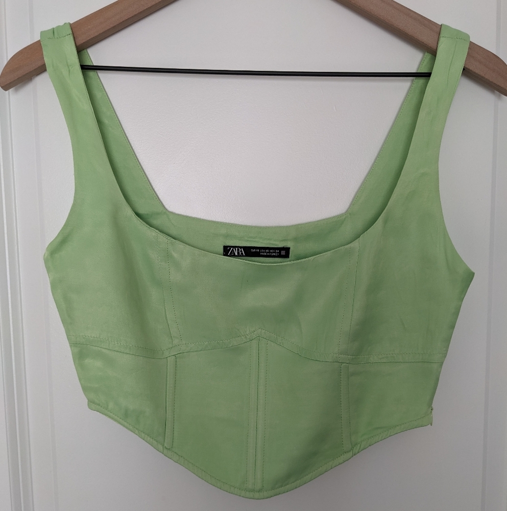 ZARA Neon Green Corset Top Faux Silk Size XS